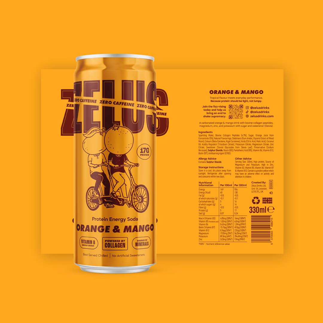 ZELUS Protein Energy Soda ZERO 12x330ml Orange & Mango - official manufacturer packshot